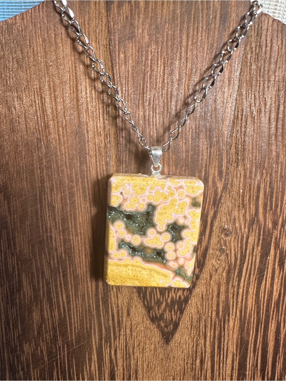 Yellow and Black Druzy Ocean Jasper Pendant Necklace on Stainless Steel Chain - Picture 1 of 16